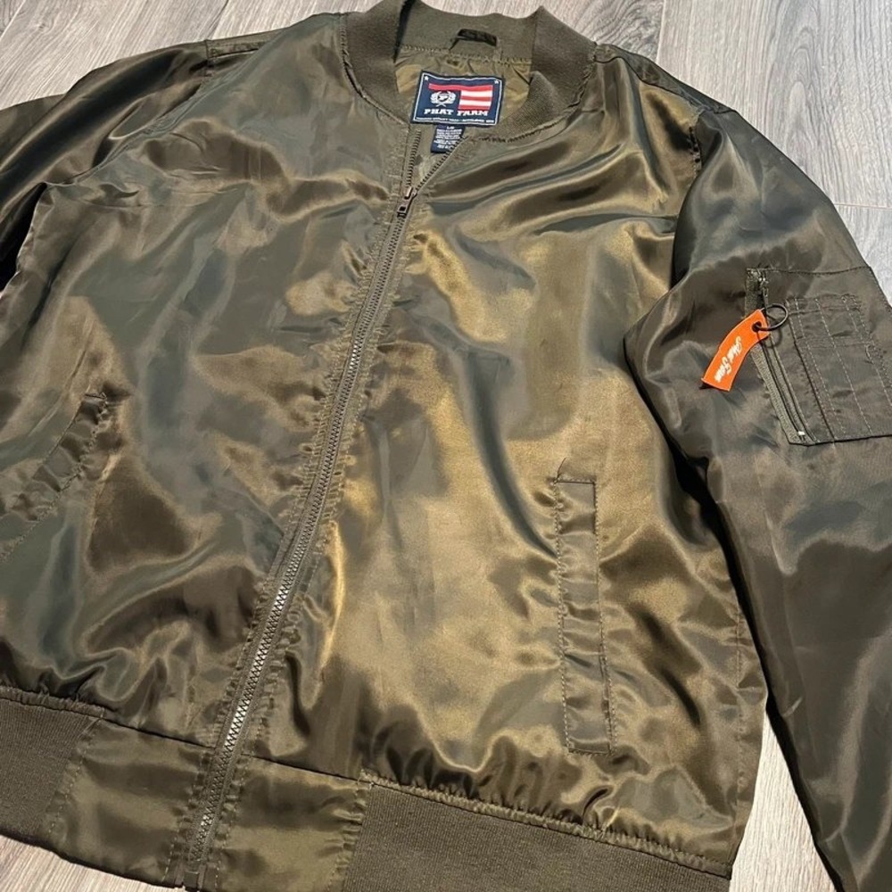 Phat Farm Olive Green Satin MA-1 Bomber Jacket Men's Large